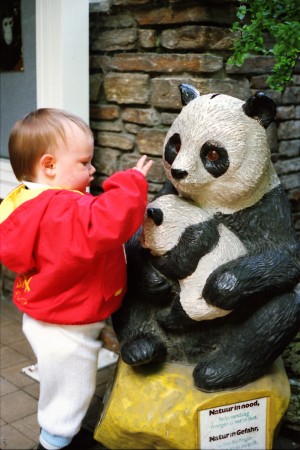 Young visitor with panda statue
